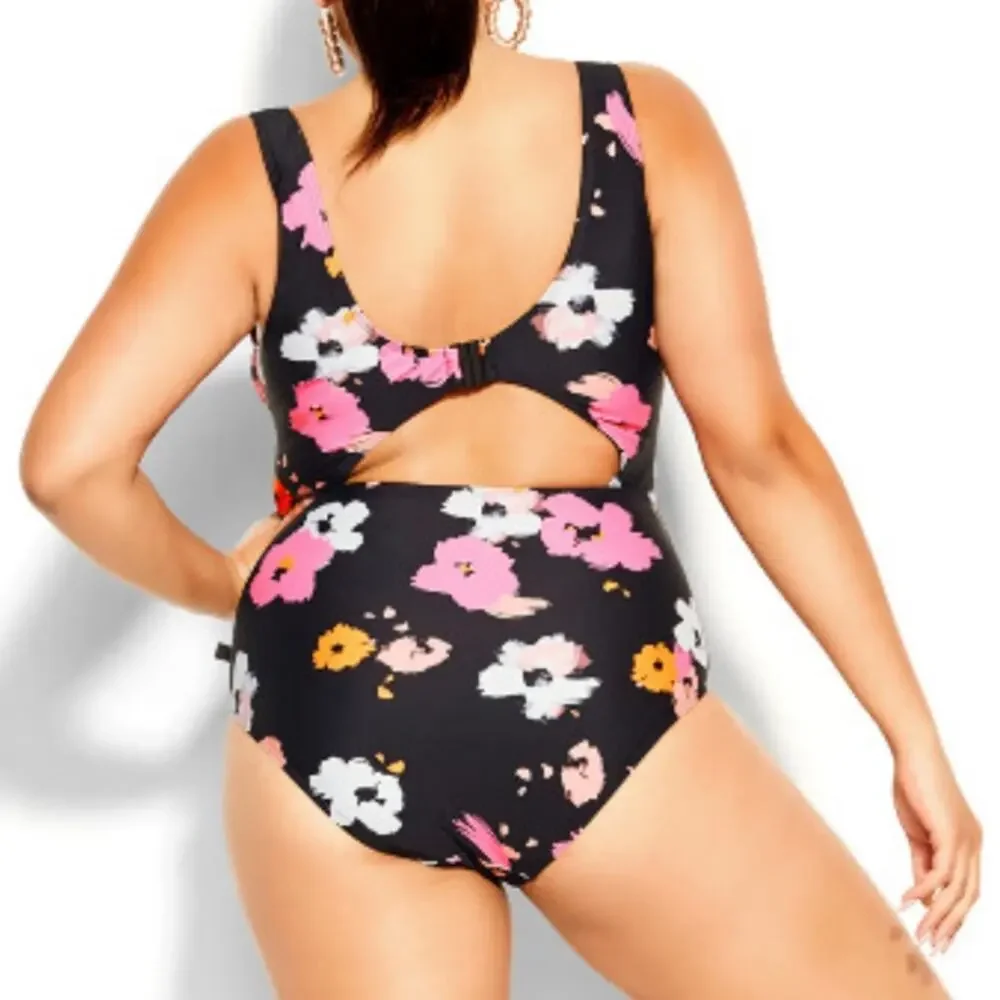 NWT City Chic Izzy black floral Print 1 Piece middle cut out monokini Swimsuit
